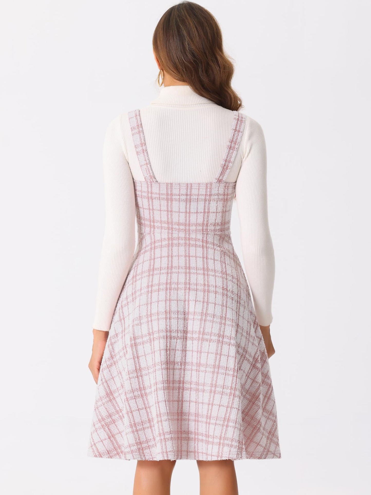Allegra K Tweed Dress for Women Sleeveless Square Neck Plaid A-Line Pinafore Overall Dresses