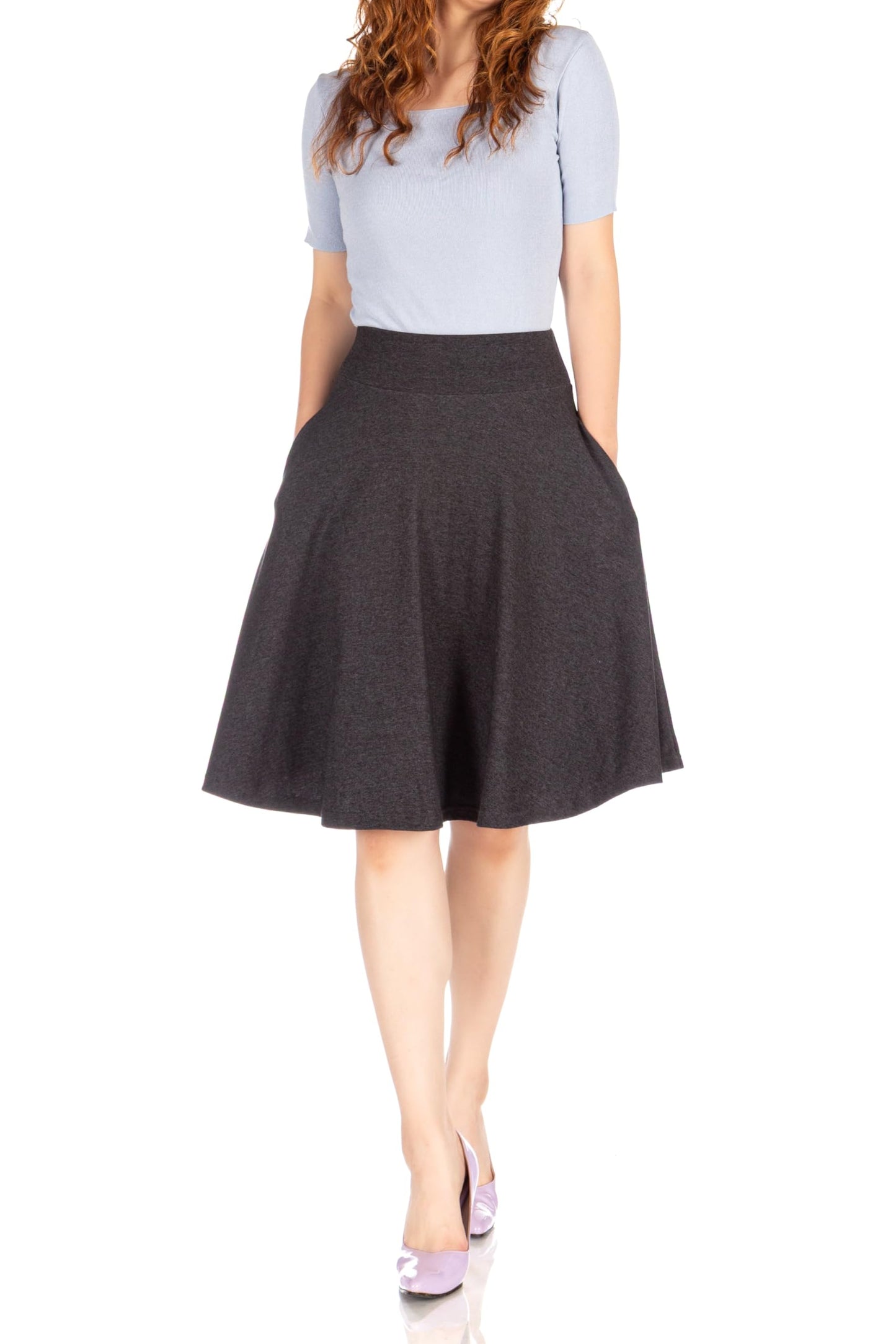 Dani's Choice High-Waisted Cotton Blend Skirt with Pockets - Knee Length A-line Flare for Business and Casual Wear