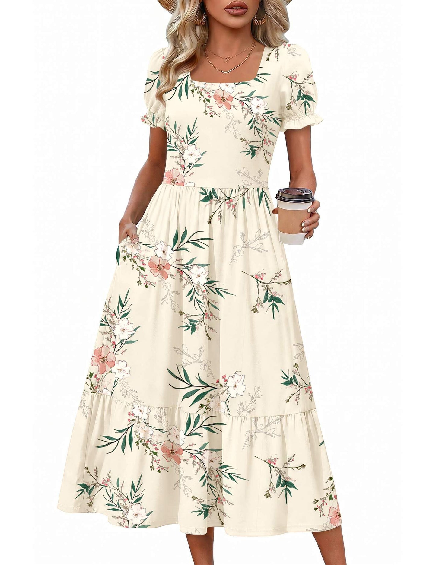 Zeagoo Summer Dresses for Women Flowy Casual Midi Dress Short Sleeve Tiered Dress Beach Vacation Sundresses with Pockets