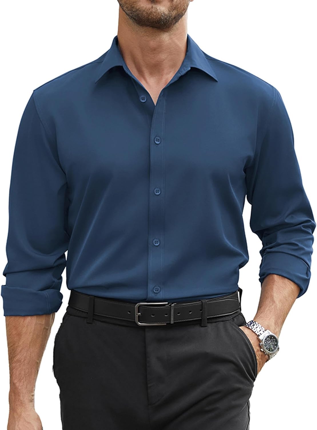 COOFANDY Mens Stretch Dress Shirts Long Sleeve Button Down Shirt Regular Fit Formal Business Wedding Shirts