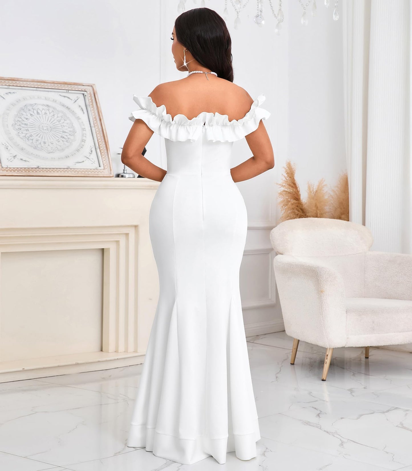 Cololura Sexy Floor-Length Off Shoulder Ruffles Stringy Selvedge Mermaid Bodycon Party Evening Maxi Dress