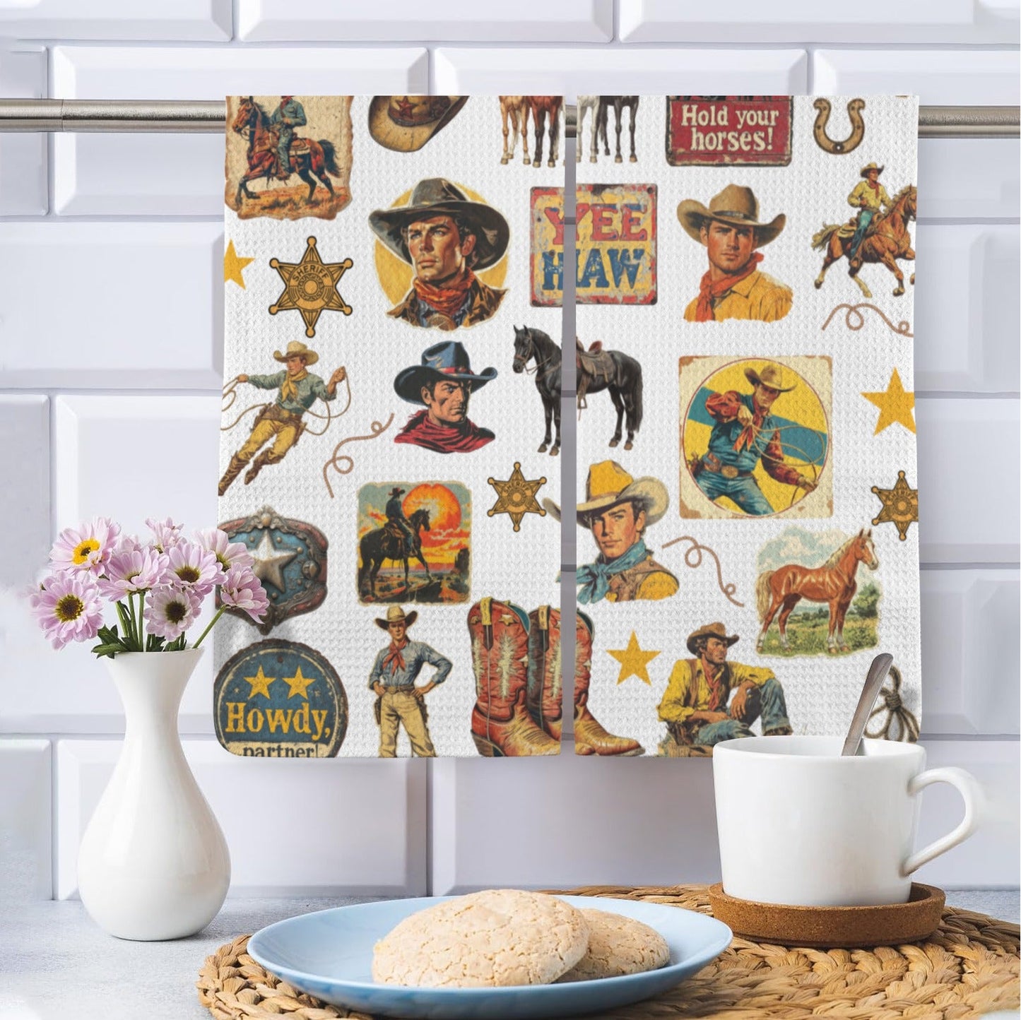 Baha Ranch Vintage Cowboy Collage Dish Towel Set of 2 Made in America