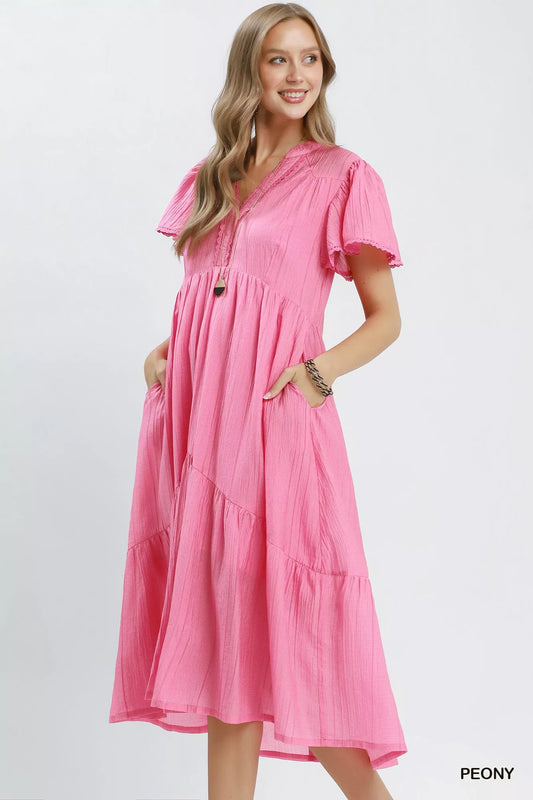 Umgee Textured Tiered Midi Dress with Side Pockets