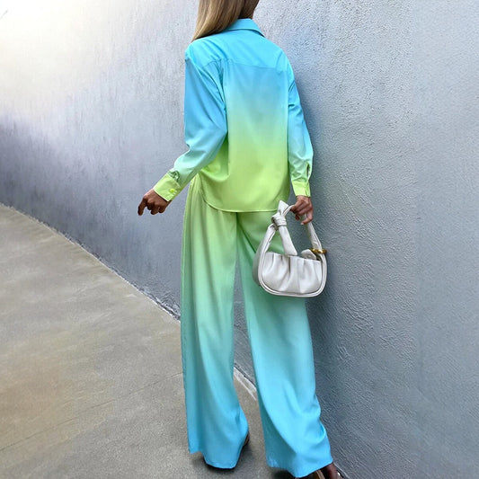 Gradient Color Shirt Wide-Leg Pants Set for Women, Fashionable Commute Chic Two-Piece Outfit