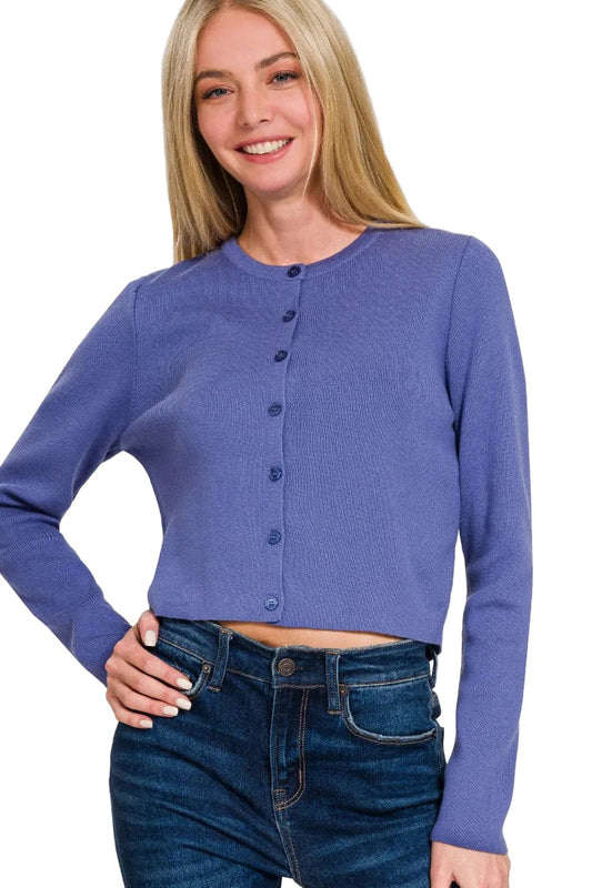 Button-Front Crewneck Long Sleeve Cropped Cardigan