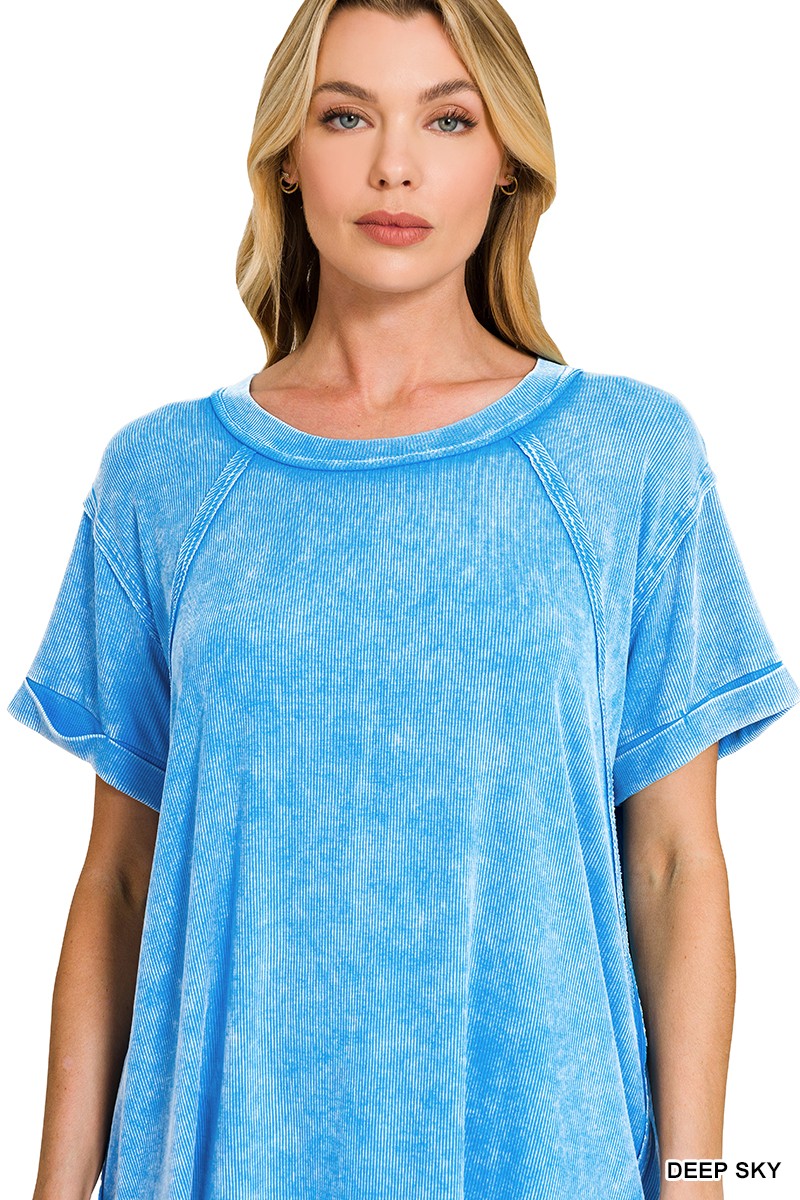 Zenana Washed Ribbed Cuffed Short Sleeve Round Neck Top