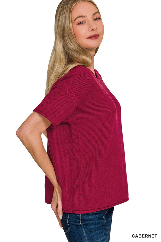 Zenana Viscose Round-neck Short Sleeve Sweater