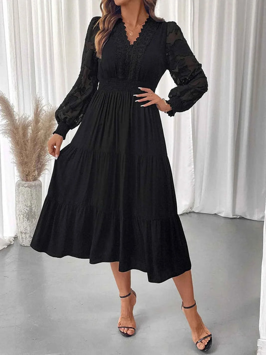 Lace Detail Lantern Sleeve Dress - Elegant Tiered Style for Any Occasion