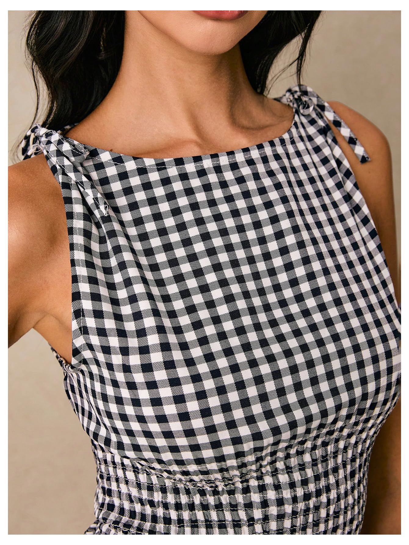 Floerns Women's Tie Shoulder A Line Gingham Dress Boat Neck Mini Checkered Elegant Dresses