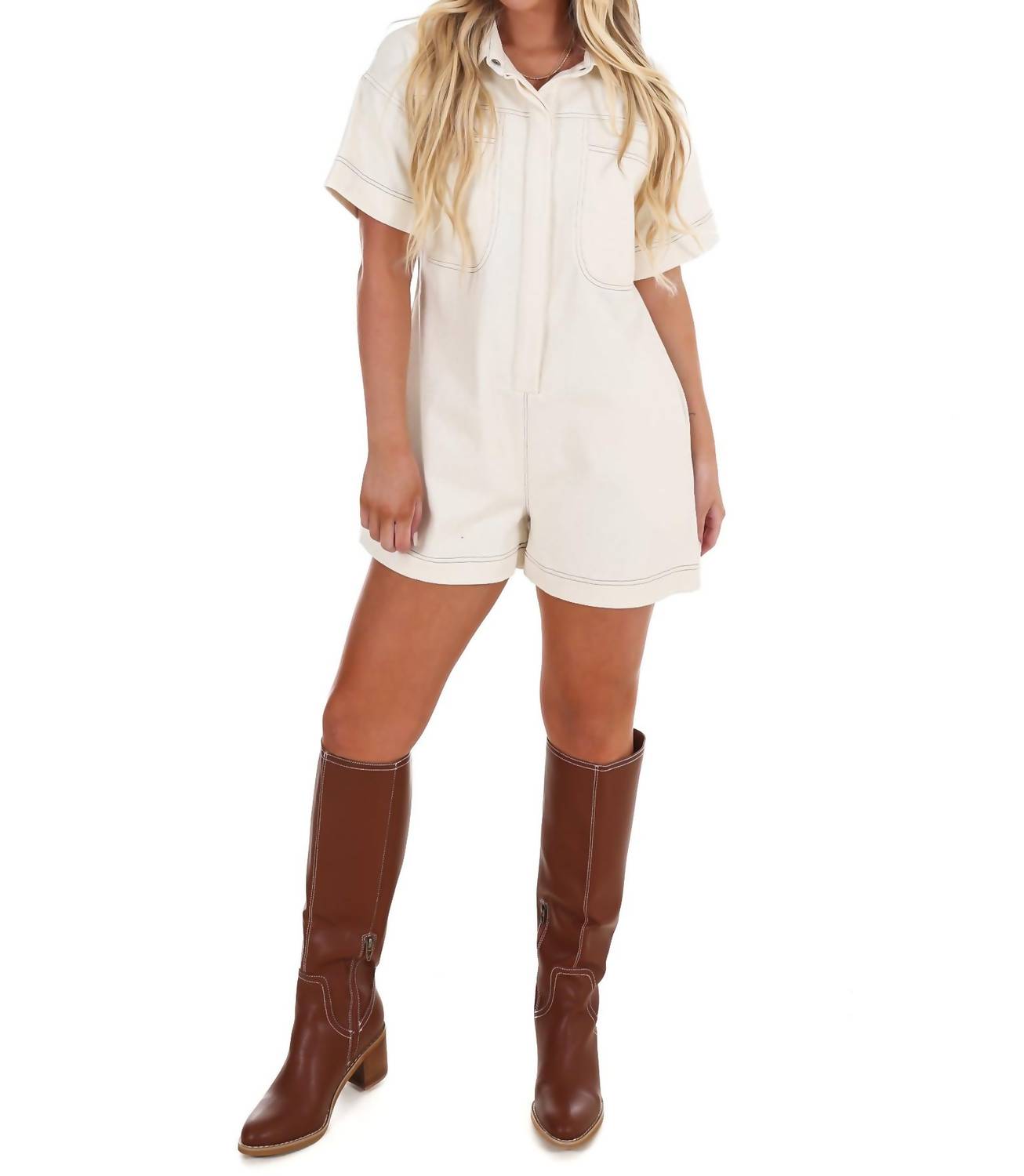 Contrast Stitch Twill Romper