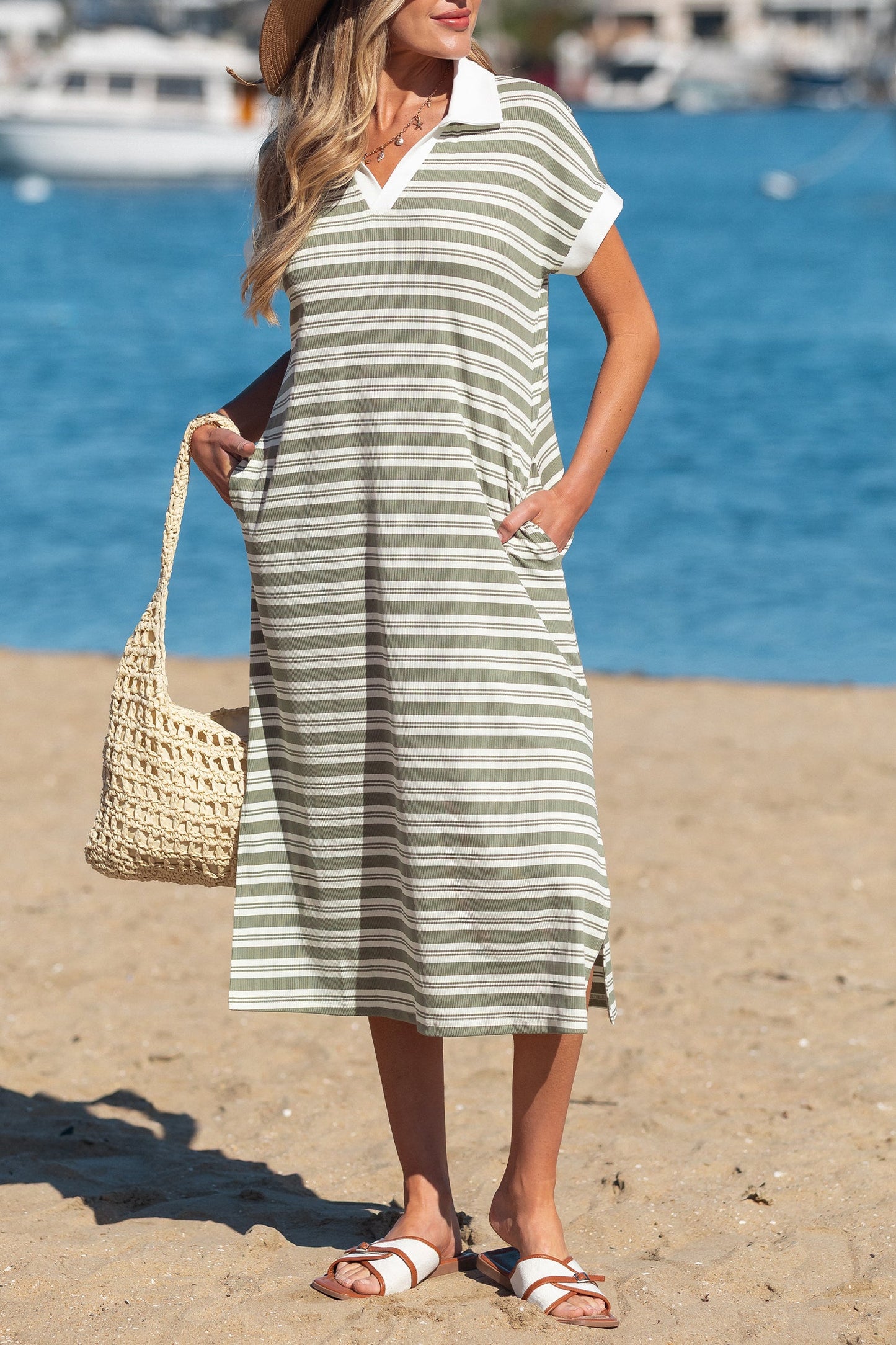 Stripe Collared V-Neck Short Sleeve Midi Dress