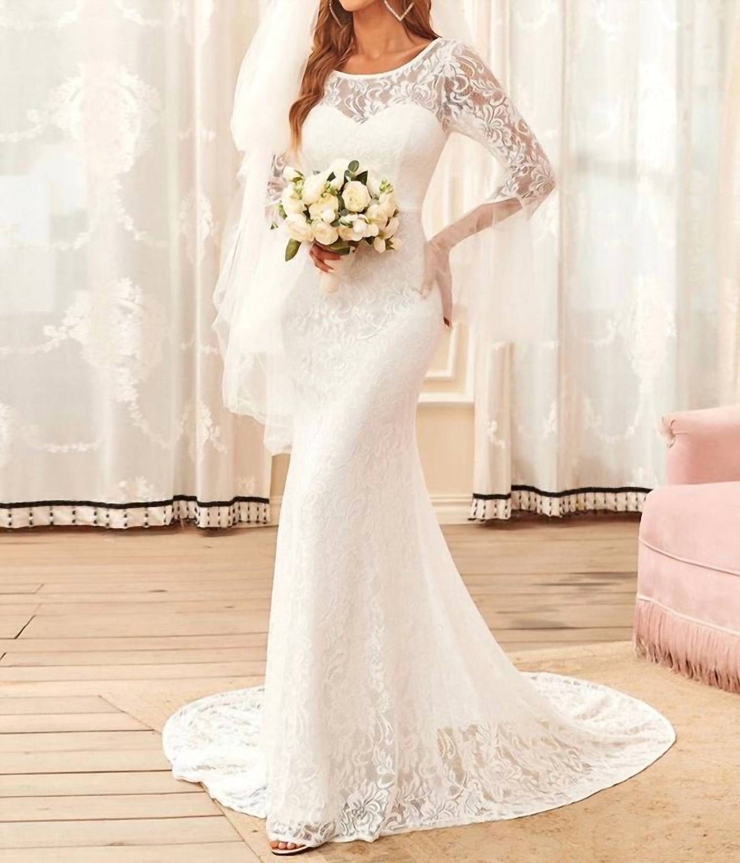 Round Neck Long Pagoda Sleeves Wedding Dress