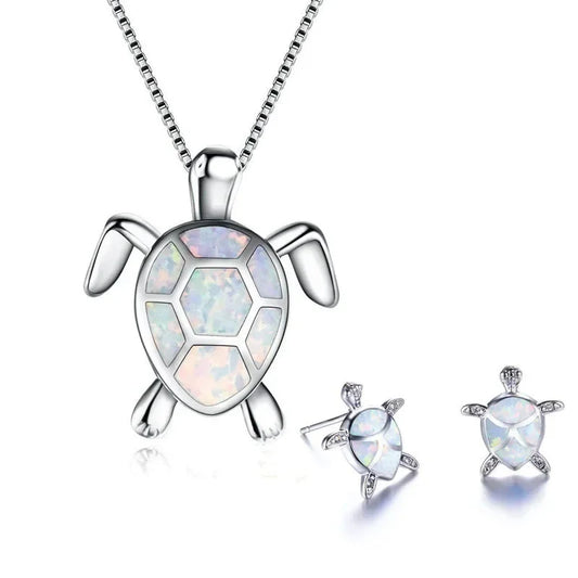 Classic Cute Sea Turtle Necklace Earrings Trendy Animal Fire Opal Stud Earring For Women Boho Summer Beach Set Custom Jewelry