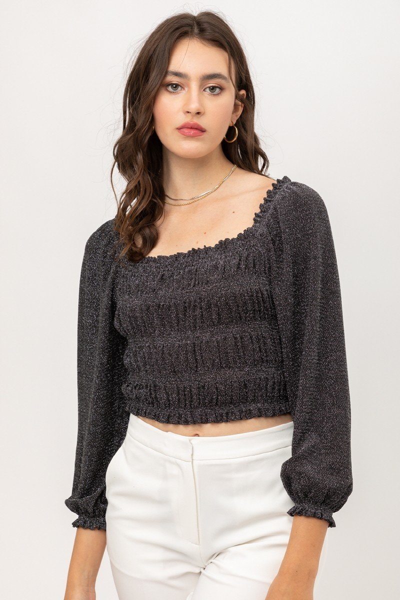 Black Shimmer Smocked Crop Top