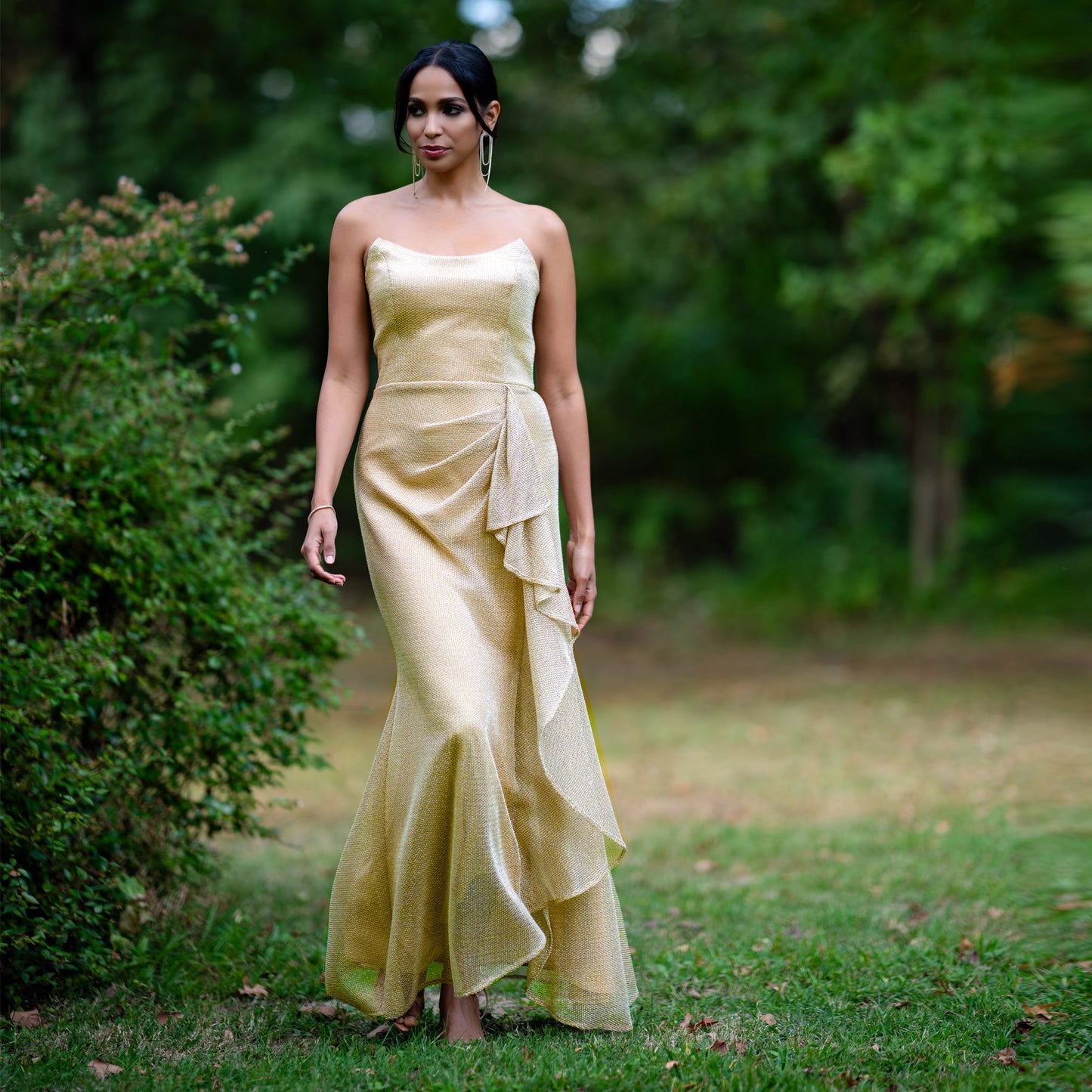 Strapples Draped Ruffle Gown