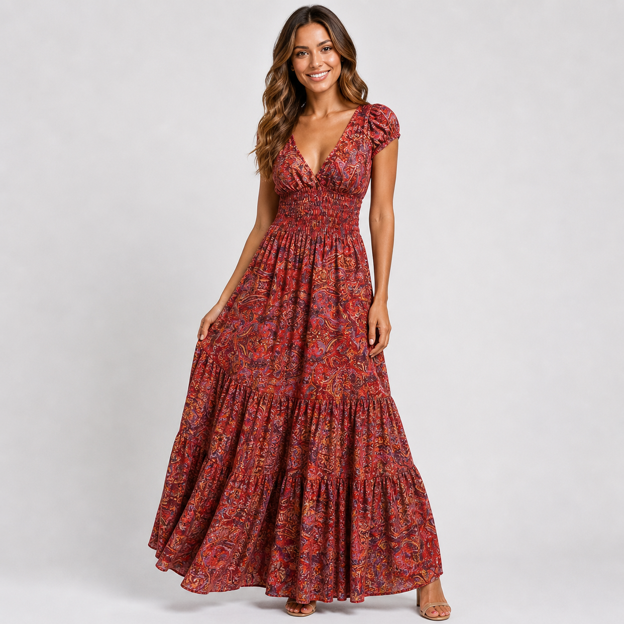 Boho Paisley Print Maxi Dress - Smocked Waist V-Neck Tiered Summer Sundress