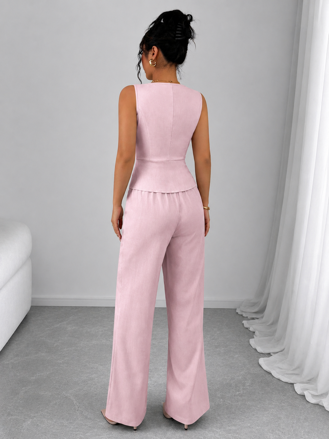 2 Piece Business Casual Outfit - Sleeveless Button-Down Vest and High-Waisted Wide Leg Pants Suit Set