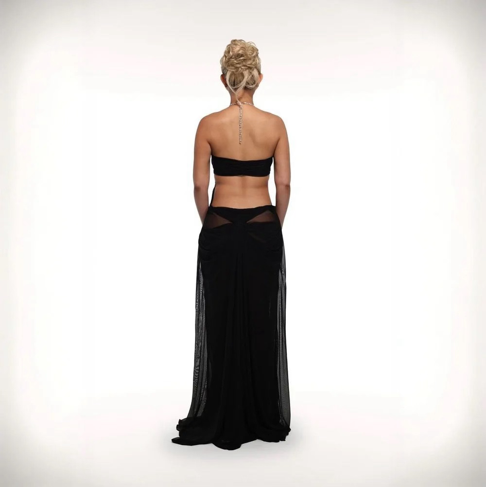 Coral Cascade Sheer Draped Black Maxi Dress With Crystal Detail