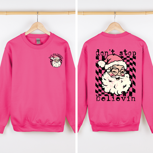 Don't Stop Believin Santa Christmas Checkered Vintage Front And Back Print Sweatshirt