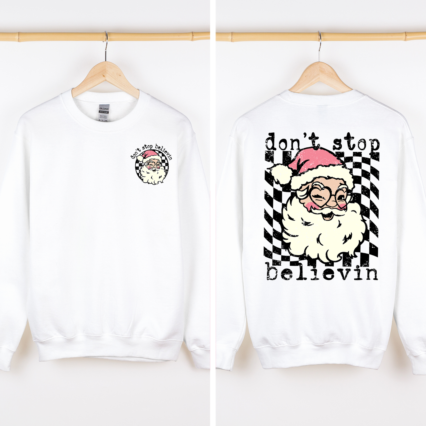 Don't Stop Believin Santa Christmas Checkered Vintage Front And Back Print Sweatshirt