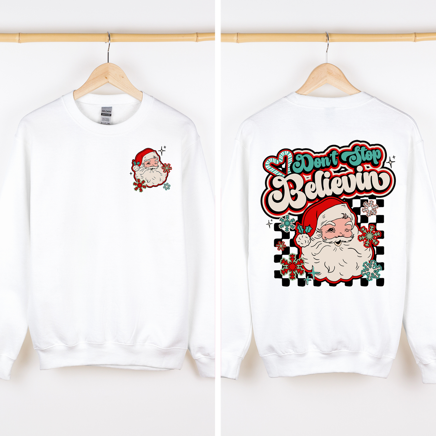 Don't Stop Believin' Santa Christmas Checkered Vintage Inspired Retro Sweatshirt