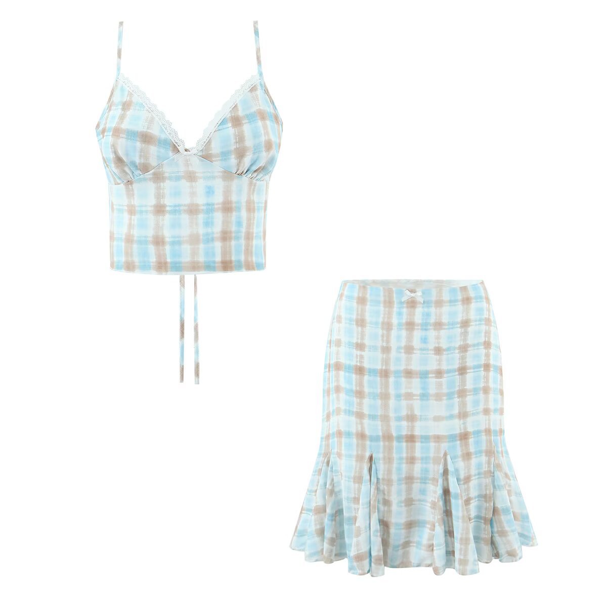 Spicy girl big plaid small suspender+plaid skirt set