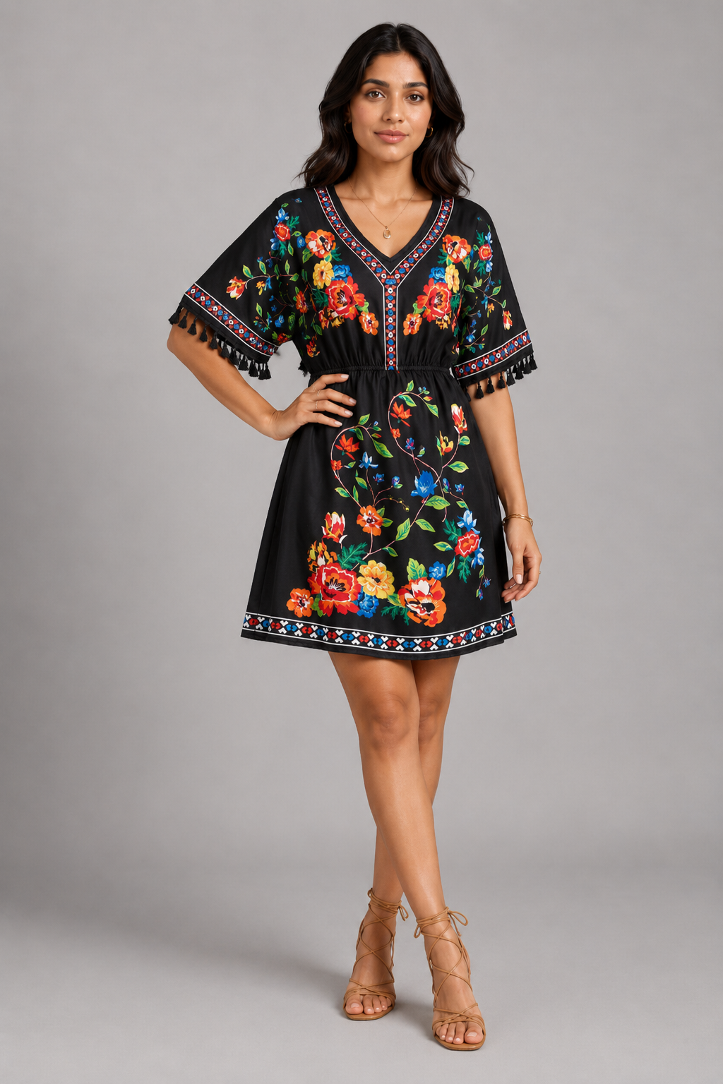 Floral Print Boho Mini Dress – Casual V-Neck Tassel Sleeve Elastic Waist Sundress