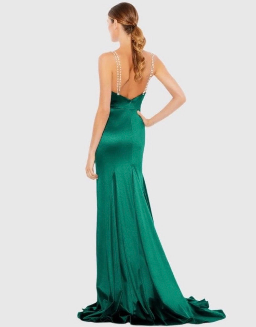 leena Mac Duggal 12428 Charmeuse Rhinestone Strap Trumpet Gown Emerald Sz 6 $398