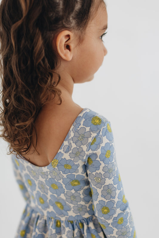 3/4 Sleeve Twirl Dress in Periwinkle Meadow