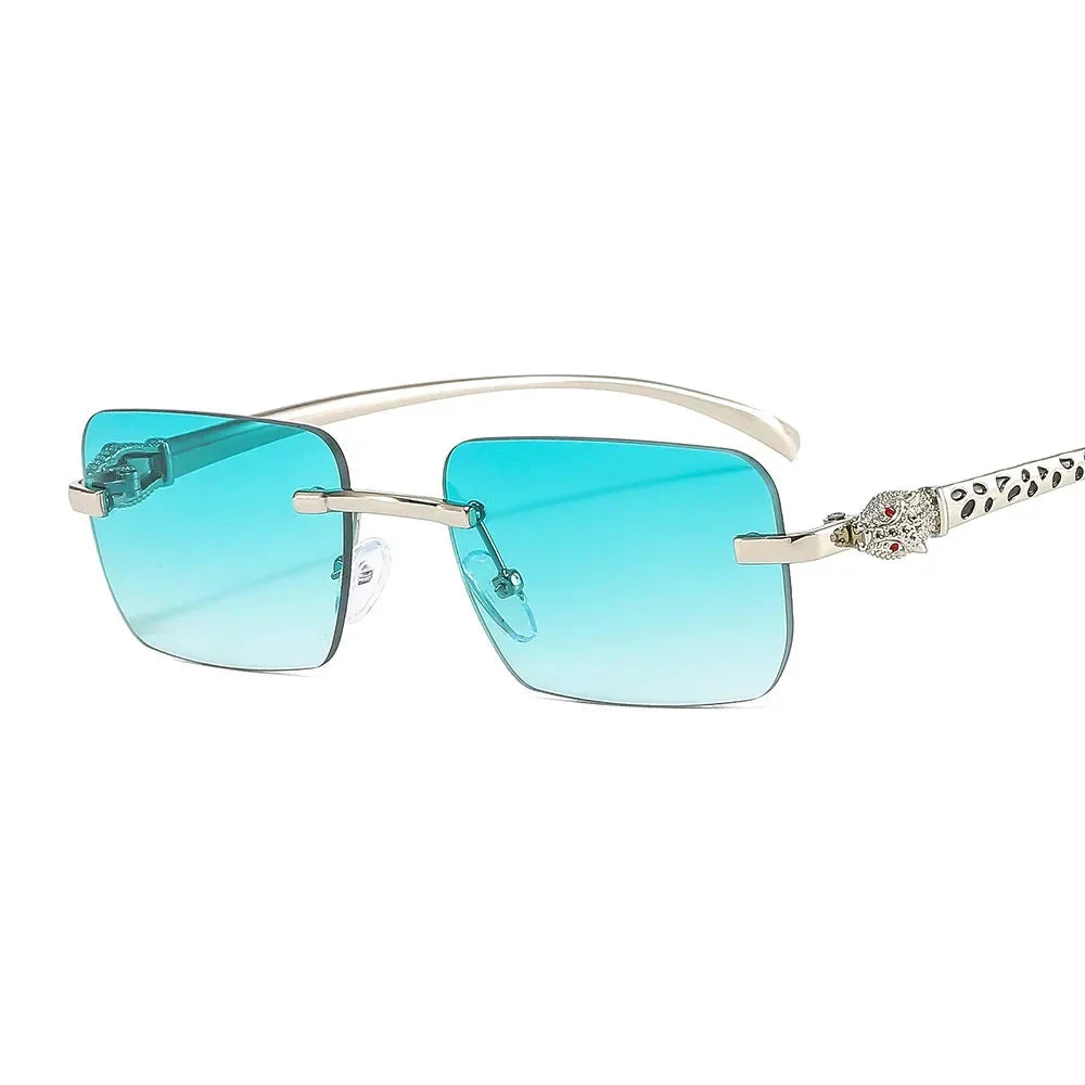 Vintage Fashion Rimless Small Square Sunglasses Women Men Luxury Brand Designer Travel Driving Metal Leopard Head Sun Glasses