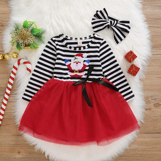 New Dress Baby Girls Christmas Santa Striped Print Dress And Headband Outfits Children