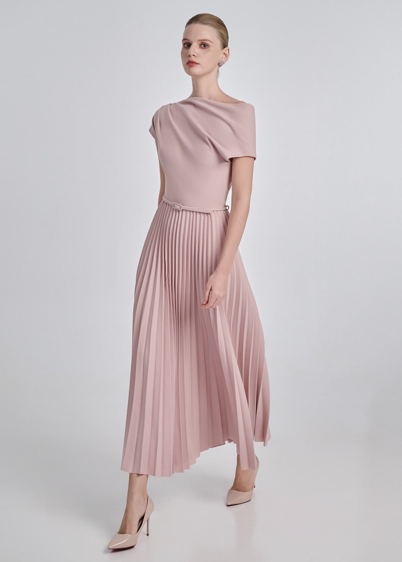 One-Shoulder Pleated Maxi Dress with Belt