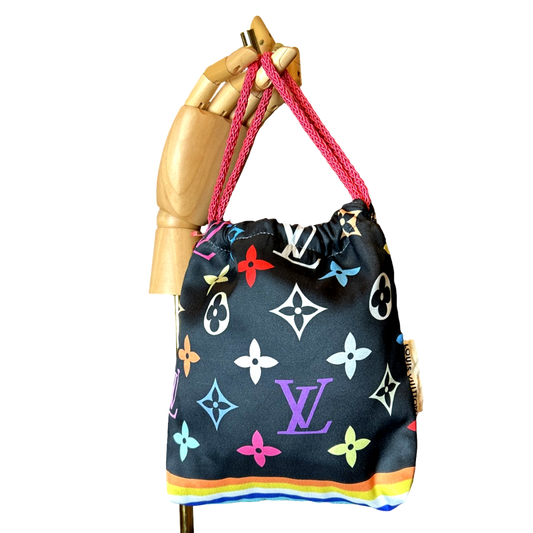 LV Monogram Noir Vintage Silk Scarf Drawstring Crossbody Bag