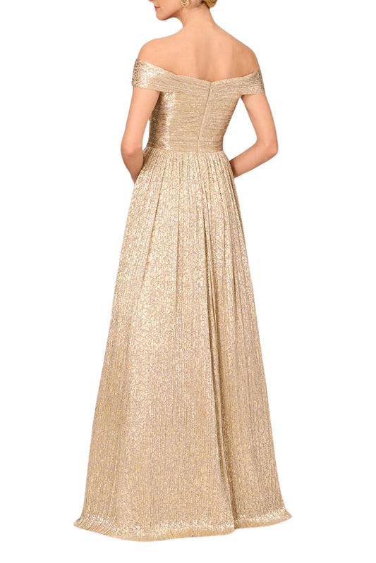Aidan Mattox Off The Shoulder Metallic Foiled Pleated Mesh Long A-Line Ball Gown Dress