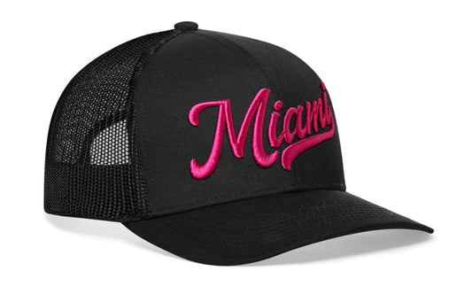 Miami Hot Pink Script Trucker Hat | Black Florida Snapback