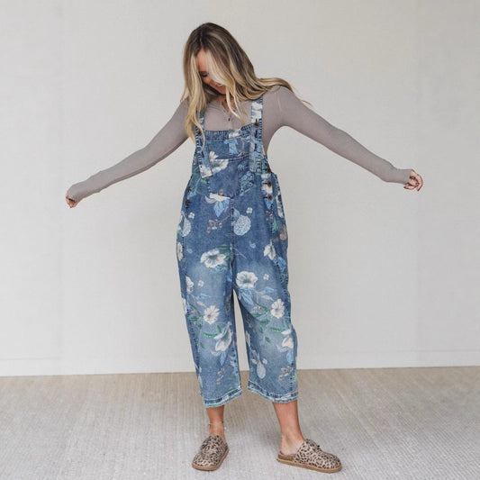 Street Trends Loose Printed Denim Jumpsuit