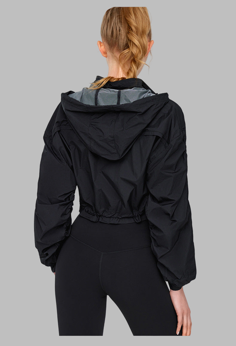 High Grade Sun Protective Loose Short Breathable Long Sleeve Hooded Ruched Jacket