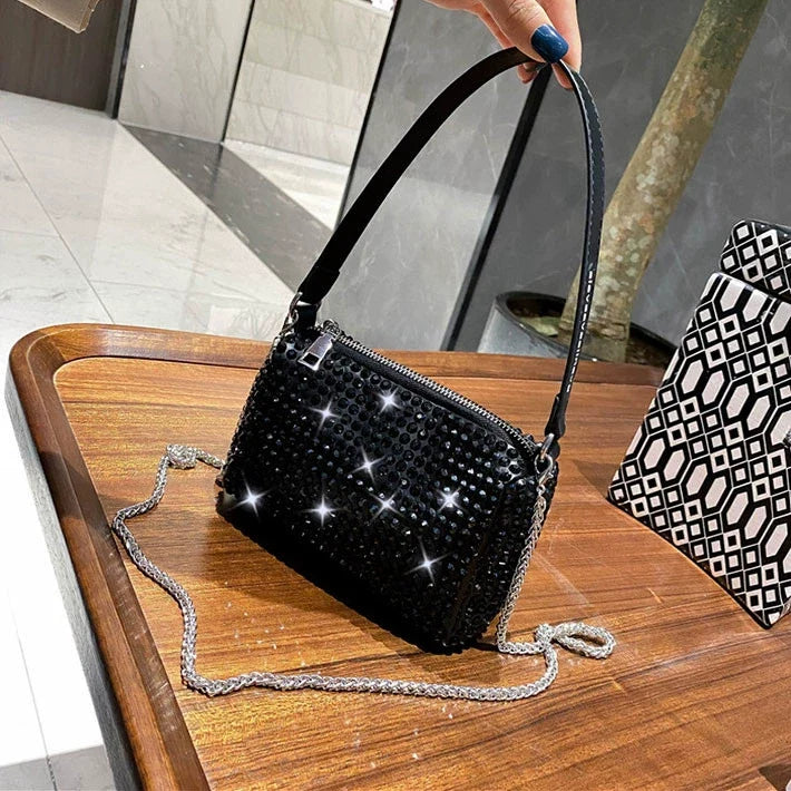 New Arrival Trendy Rhinestone Small Square Bag | Full Diamond Underarm Bag & Diamond-Embedded Women's Shoulder Crossbody Small Handbag