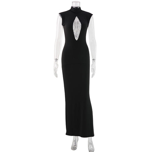 Women Clothing Black Fashionable Slim Fit Figure Flattering Stand Collar Chest Hollow Out Cutout out Mesh Stitching Mop Dress