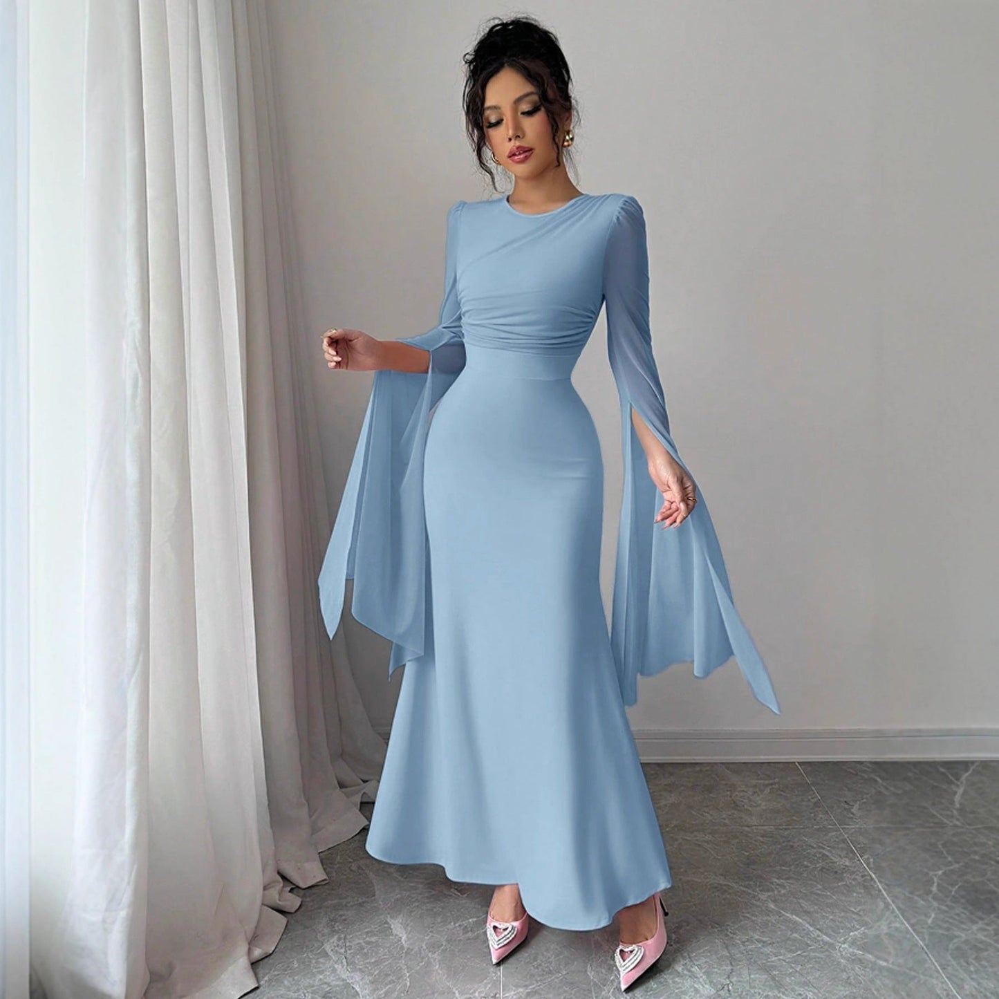 Spring Stitching Mesh Large Swing Sleeves Sexy Slim Fit Fishtail Dress