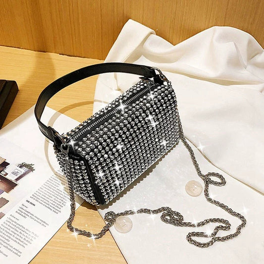New Arrival Trendy Rhinestone Small Square Bag | Full Diamond Underarm Bag & Diamond-Embedded Women's Shoulder Crossbody Small Handbag