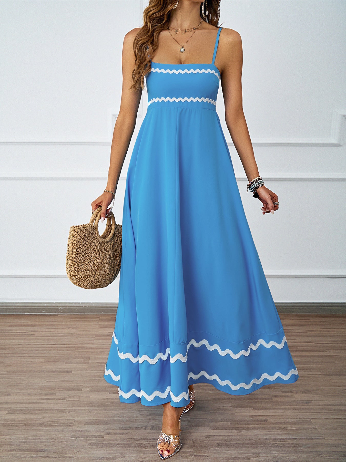 Spring and summer solid color lace splicing elegant suspender tube top super pendulum dress women