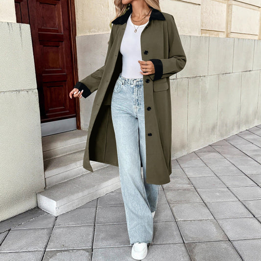 Women's Style Extended Single-breasted Lapel Color Matching Coats