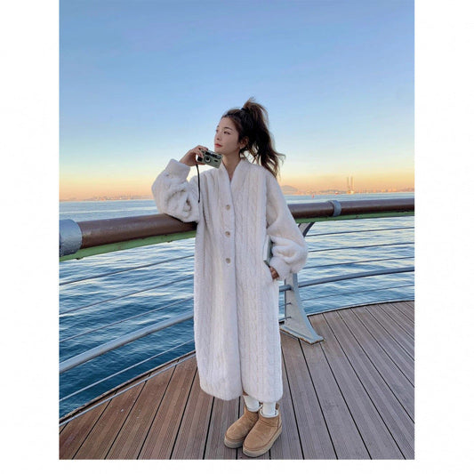 Women's Woolen Twist Mink Fur Loose Over Coats