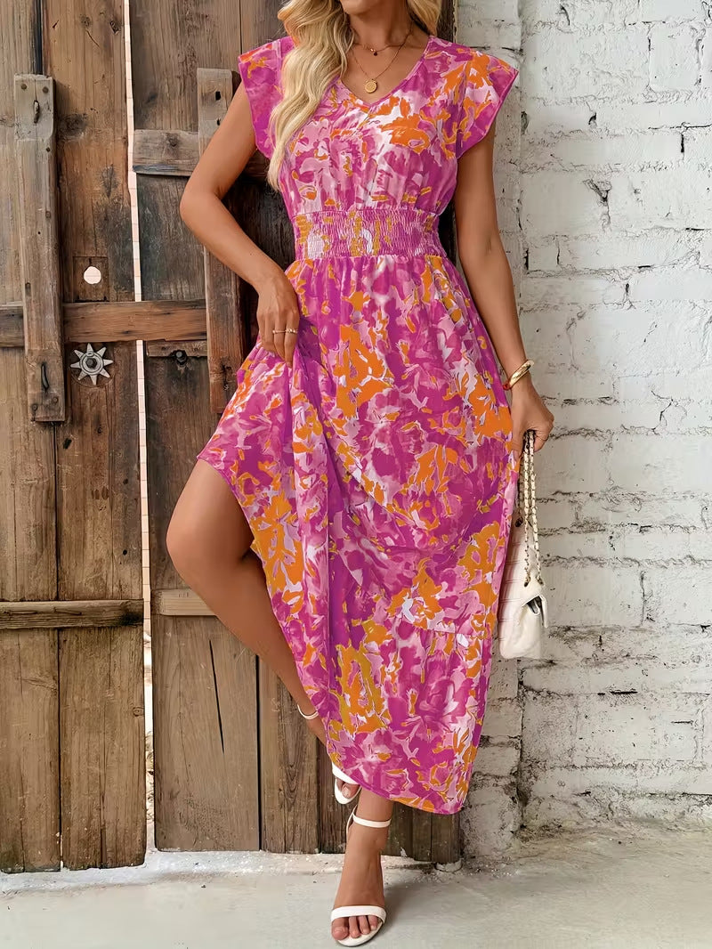 Summer seaside vacation fashion floral print sleeveless dress