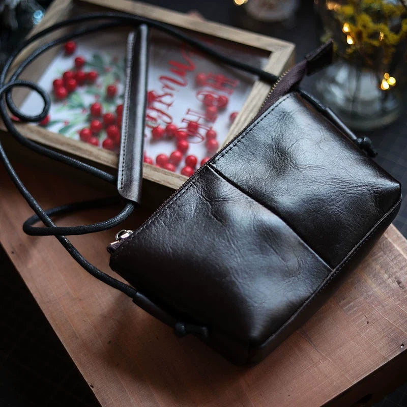 Genuine Leather Retro Portable Phone Bag | New Top Layer Cowhide Crossbody for Women (Pure Color)