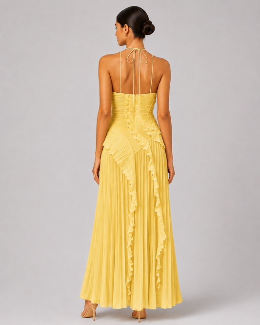Pleated Halter Maxi Dress – Ruffled Asymmetric Wedding Guest Gown