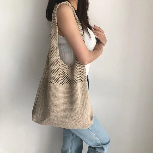 New Trend Women's Crochet Handbag | Retro Knitted Braid Solid Color Hollow Top-Handle Tote Bag (Black Khaki Shopper)