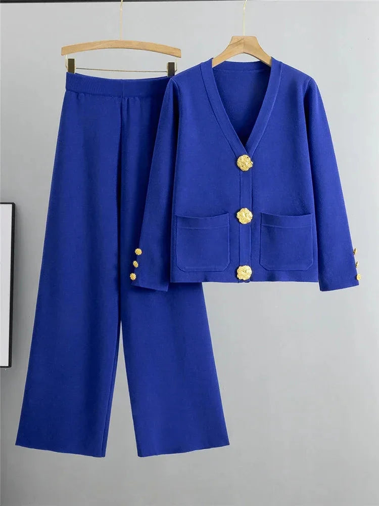 Autumn Winter Women Knit 2 Piece Set New Large Gold Button V-neck Cardigan Coats+High Waist Baggy Wide Leg Pants Sweater Suits
