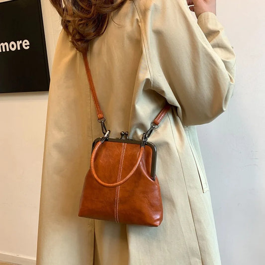 Elegant Kiss Lock Shoulder Bag | Large Capacity Retro Chinese Style Crossbody Bag & PU Leather Solid Color Vintage Women's Handbag